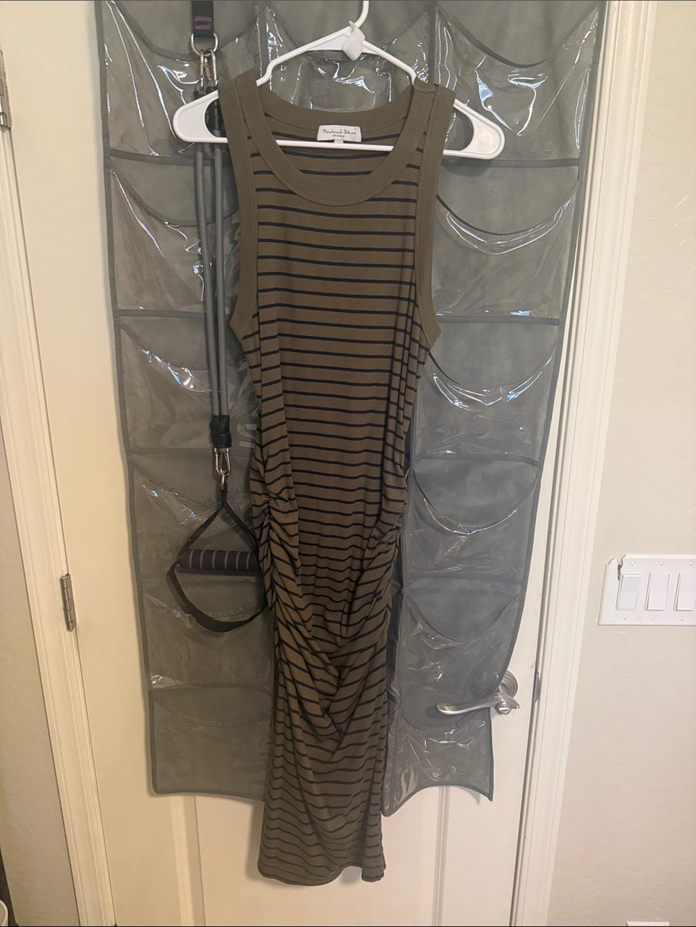 Michael Stars Sleeveless Striped Ruched Midi Dress - Olive/Black
